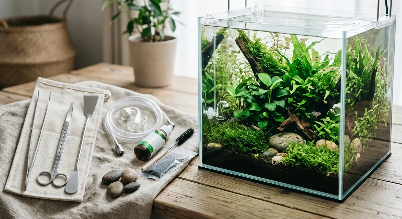 Affordable aquascaping accessories beside a planted aquarium